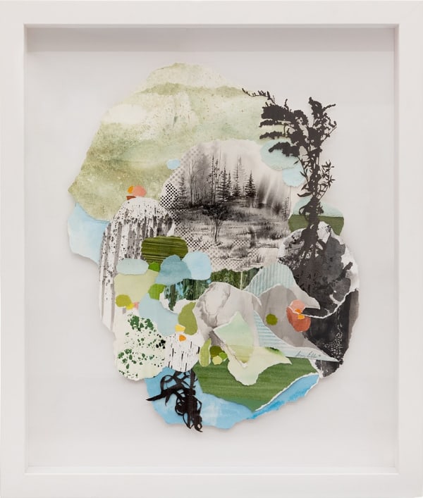 framed image of Gregory Euclide mixed media landscape with torn paper and acrylic