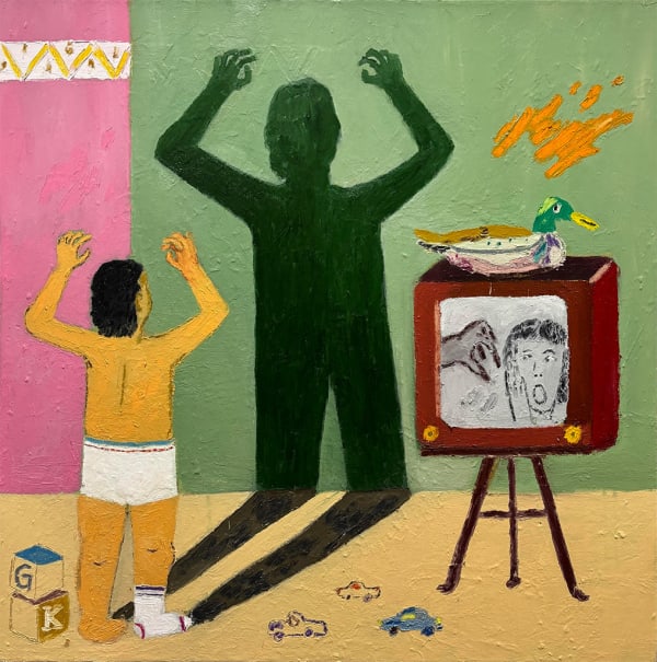 Painting by artist Gabriel Isaac Kasor depicting a small child in front of a television set
