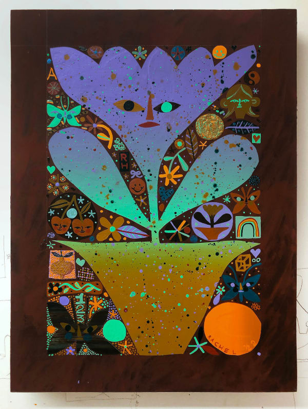 Rachel Hayden's piece of a purple flower with a face