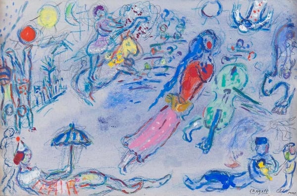 MARC CHAGALL, Esquisse Pour "Commedia dell'arte", 1958, Gouache, pastel et mine de plomb sur papier Cadre en bois sculpté et doré, XVIIème, Italie.