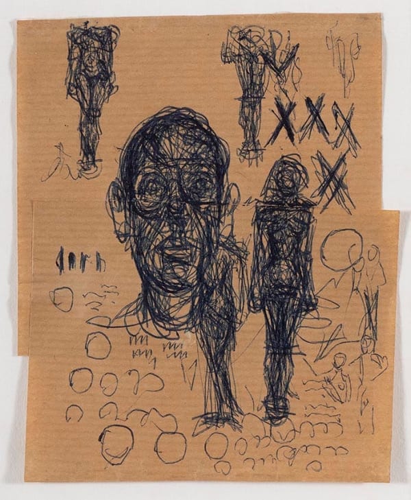 ALBERTO GIACOMETTI: Tête D'Homme, Femmes Debout Et Griffonnages, circa 1962, Stylo-bille bleu sur papier kraft