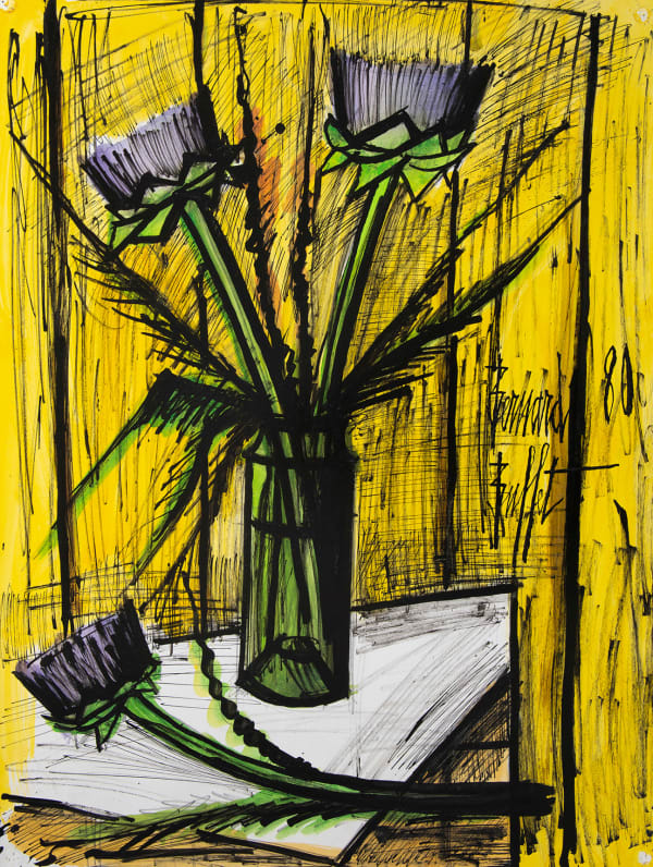 BERNARD BUFFET (1928-1999)Fleurs d'artichauts, 1980 Signé et daté au milieu à droite : Bernard Buffet 80 Gouache et encre de Chine sur papier Cadre en bois sculpté et doré, France, XVIIIème siècle, époque Régence 65 x 50 cm 106,2 x 90,5 cm (avec cadre) Certificat d'authenticité délivré par la Galerie Maurice Garnier le 23 février 2022.