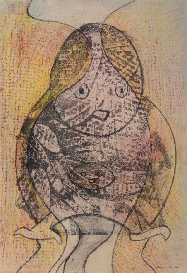 MAX ERNST: Mère Et Enfant, 1955, Crayon de couleurs et frottage sur papier marouflé sur panneau
