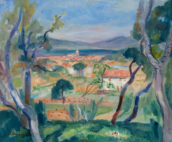CHARLES CAMOIN: Le Village Entre Les Arbres (Saint-Tropez), circa 1947, huile sur toile