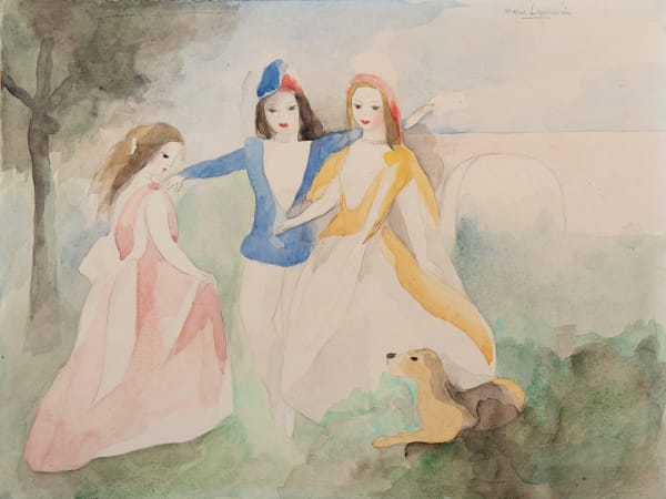 MARIE LAURENCIN, Trois Femmes Jouant avec un Chien, Aquarelle sur papier