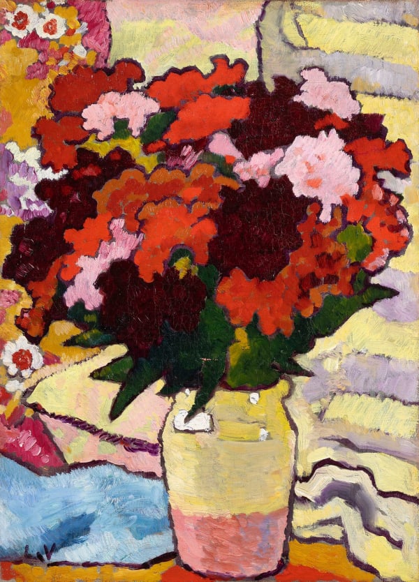LOUIS VALTAT, Bouquet Au Drapé Jaune Et Mauve, circa 1945, Huile sur toile