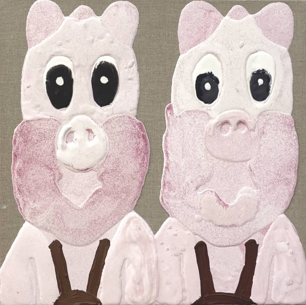Floris Dutoit Double cochons 41x41 , 2023 résine acrylique sur lin 41x41 cm