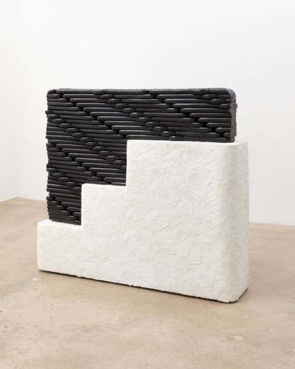 Amanda Martínez (b. 1988) Manera, 2022 Hand carved wood and foam, enamel, shredded tire rubber, acrylic polymer on stucco built to housing code (portland cement, sand, lime, water on wood, roofing tar paper and galvanized steel lathe) 48 x 48 x 12 inches 121.9 x 121.9 x 30.5 cm