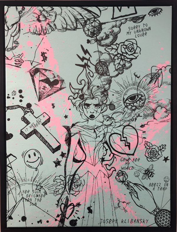 Joseph Klibansky, Villains in My Head (small turquoise, pink splash, black), 2019