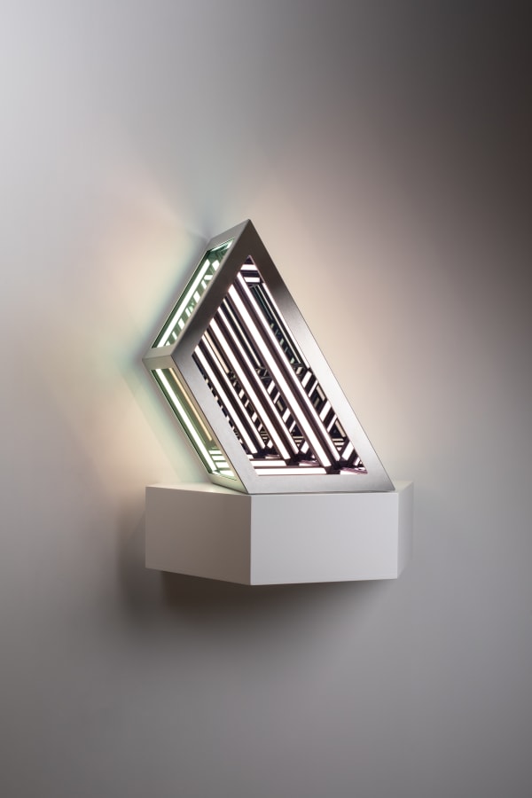 Jason Sims Shelf Space XXXII, 2022 Wood, reflective glass, stainless steel, LED lighting and painted shelf 69 x 60 x 34 cm 27 1/8 x 23 5/8 x 13 3/8 in Edition 2/3