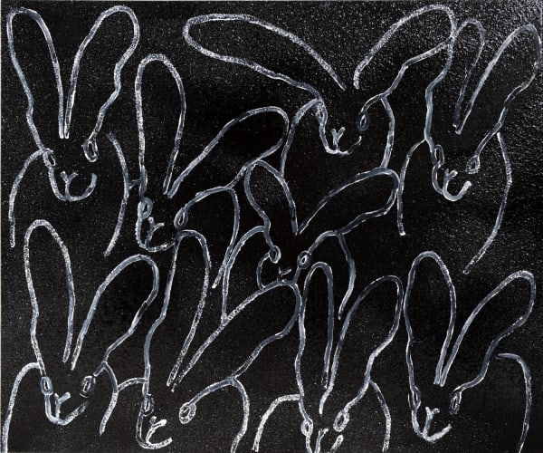 Hunt Slonem Night Visitors Diamond Dust , 2021 Oil and Acrylic white outline bunnies, black 76.2 x 91.4 cm 30 x 36 in