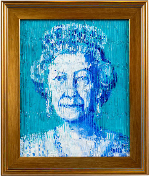 Hunt Slonem Her Majesty Queen Elizabeth , 2023 Oil on Wood queen portrait, blue 50.8 x 40.6 cm 20 x 16 in