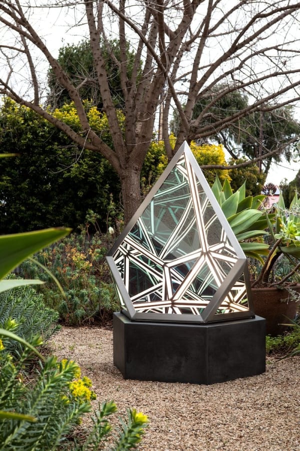Jason Sims Light Shifter (Nexus), 2022 Stainless steel, reflective glass, mirror, LED lighting, fan and GFC plinth. 130 x 90 x 78 cm 51 1/8 x 35 3/8 x 30 3/4 in