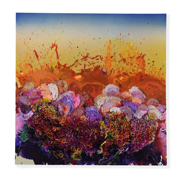 Zhuang Hong Yi Summer Fire Fine rice paper with acrylic on canvas. 150 x 150 cm 59 1/8 x 59 1/8 in
