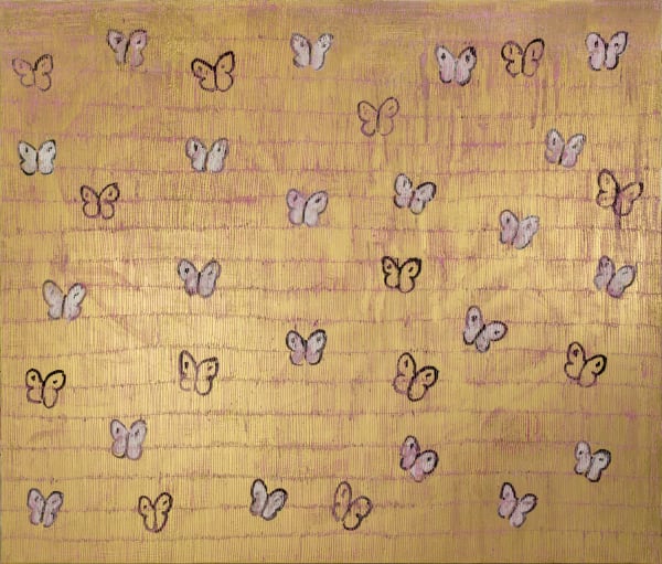 Hunt Slonem Pink Ascension Now , 2020 Oil, Acrylic Butterflies gold and pink 182.9 x 213.4 cm 72 x 84 in