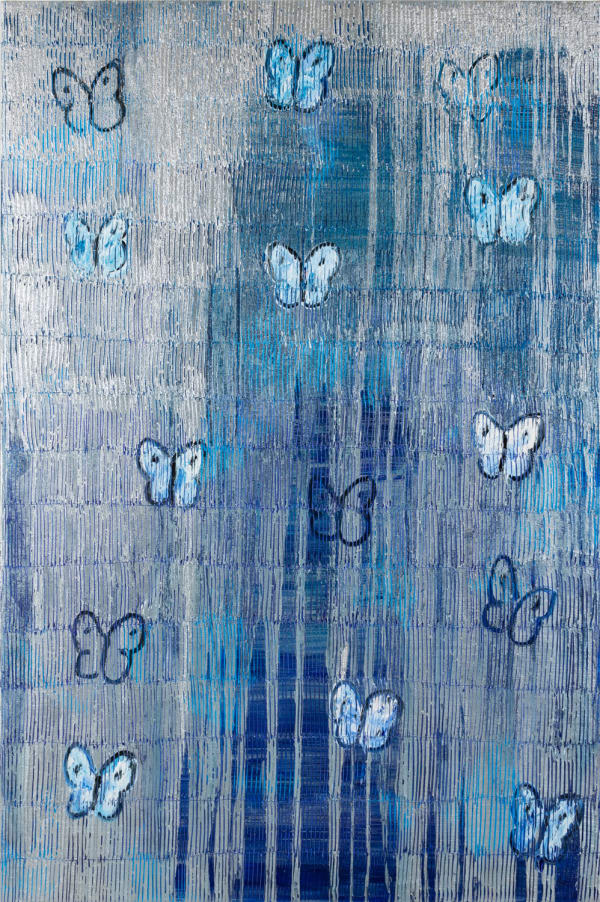 Hunt Slonem Summer Rain (Ascension silver), 2021 Oil on Canvas butterflies silver blue 152.4 x 101.6 cm 60 x 40 in