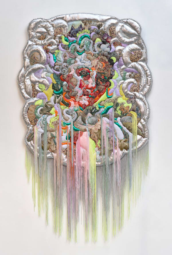 Anne von Freyburg Sharp on the Edges (After Elisabeth Vigee Le Brun), 2023 Textile painting: acrylic ink, synthetic-fabrics, tapestry-fabric, sequin fabrics, hand-embroidery, polyester wadding and hand-dyed tassel fringes on canvas. 90 x 120 cm 35 3/8 x 47 1/4 in