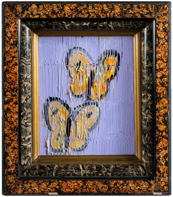 Hunt Slonem Sulphurs on Lavender , 2023 Oil on Wood Black outline orange butterflies, purple scored 25.4 x 20.3 cm 10 x 8 in