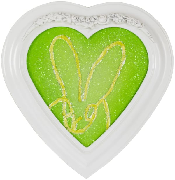 Hunt Slonem untitled , 2022 Oil & Acrylic white green outline bunny, green (heart) 35.6 x 35.6 cm 14 x 14 in