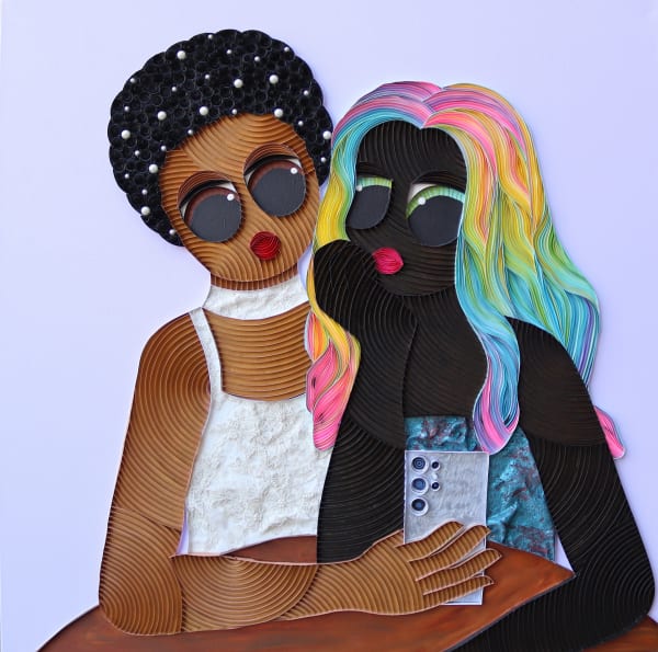 Ayobola Kekere-Ekun Brunch Selfie I, 2024 Mixed Media (Paper Strips, Fabric, Faux Pearls and Acrylic on Canvas) 100 x 100 cm 39 3/8 x 39 3/8 in