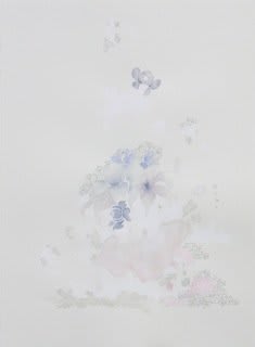 Ink watercolor and gouache create a large assemblage of a messy cake covered in large flower frosting decorations The mediums are applied lightly making the composition very faint and faded