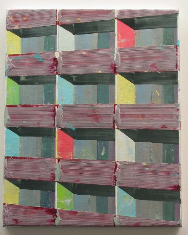 Thick gray-red horizontal brushstrokes stop and continue across multi-colored vertical stripes against gray-blue underpainting
