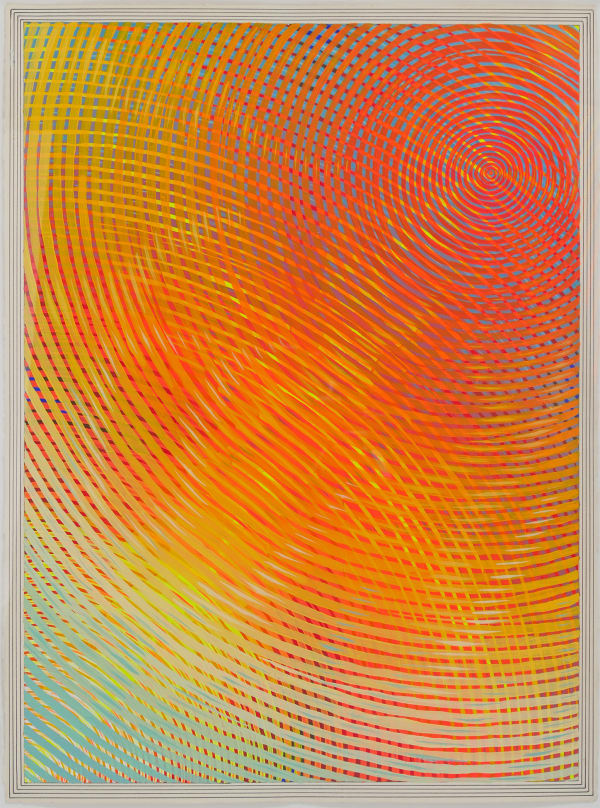 Overlapping sets of concentric circles in red, blue, yellow, orange and white create interwoven pattern across canvas.