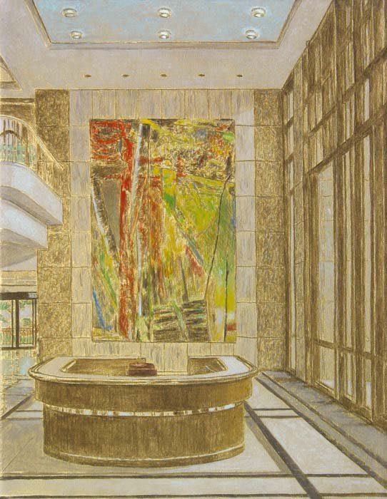 Large lobby with high ceilings. In the center is a large oval desk in front of a large abstract red and green painting. Scene is painted in metallic tones.