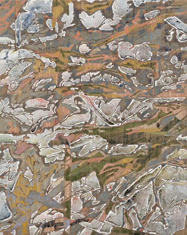 Orange and olive green shapes outlined in white criss-cross canvas in a mostly horizontal fashion against a light tan background with splashes of red and blue.