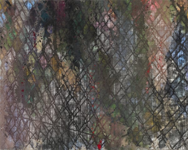 Dark lines create a fence on top of a multicolored, woven background.