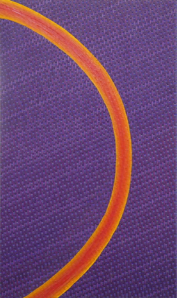 An orange and yellow semicircle (vertical, left) on a purple background.
