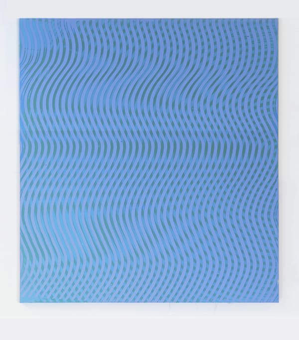 Dark and light blue paint layered to create multiple wavy moiré effects