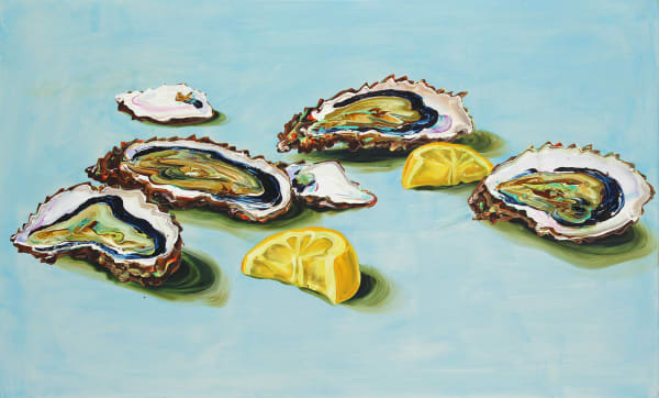 Four oysters, two shells and two lemons all rest on turquoise surface.