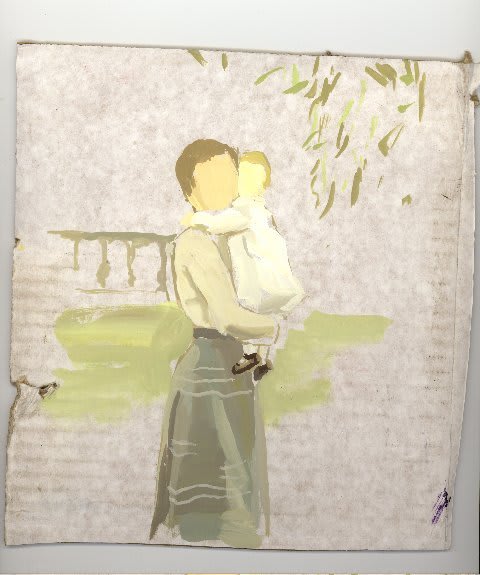 Faceless mother in long skirt and blouse holds faceless infant against her body while gazing towards the viewer. Behind her, green nature scene is depicted on exposed cardboard surface.