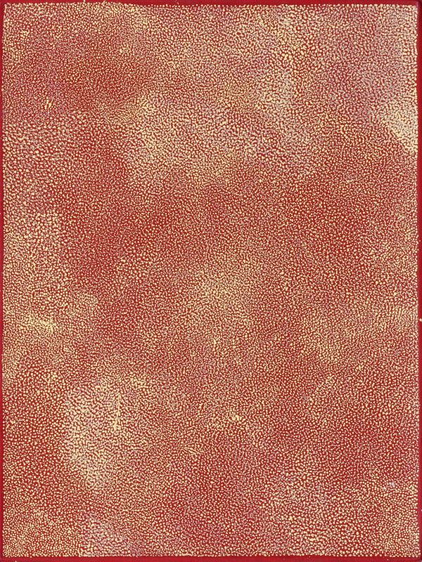 Against a red background, non-uniform yellow dots create a cloudy pattern. Inside some of the yellow dots are smaller red spots. A dark red border encircles the perimeter of the canvas.