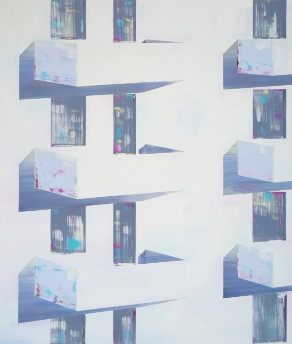 Painting of 2 columns of 3 rows of white balconies on a white building with multicolored streaks indicating windows.