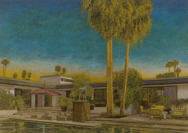 Set against palm trees and orange and blue sky, scene is of Mid Century modern house, patio and pool. Scene is painted in sepia tones with metallic undertones.
