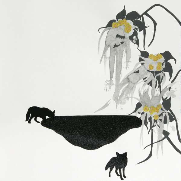Abstract mixed media piece depicting two small black silhouetted wolves. One wolf is bending down to drink out of a floating black blob at the lower center of the piece. To the far right, three large yellow and dark green flowers curl and bend over to droop their long gray petals towards the black pool