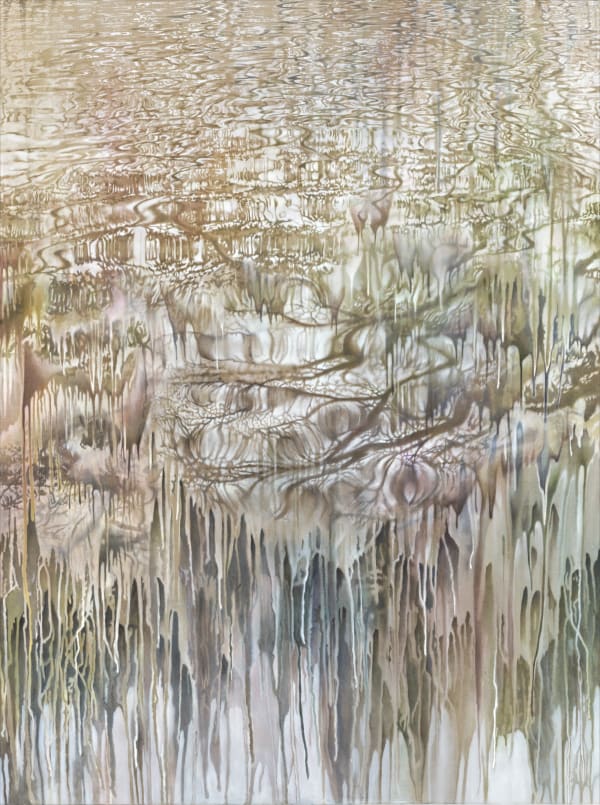 Rippled water near the top of the canvas in white and tan paint appears to be dripping down the canvas.