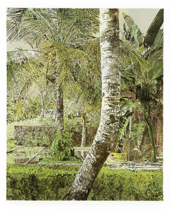 Layers of tropical foliage in shades of green. Brick house peeks through foliage from the right side of the canvas.