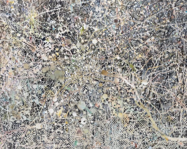 Thick abstract pattern is formed with white and light colored criss-crossing lines, circles and grid patterns atop a dark background, filling almost the entire composition.