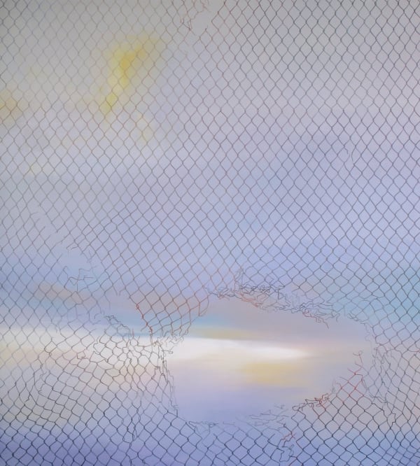Blurry purple blue and yellow landscape seen through through a black diamond wire fence which has a large hole torn at the lower right of the painting