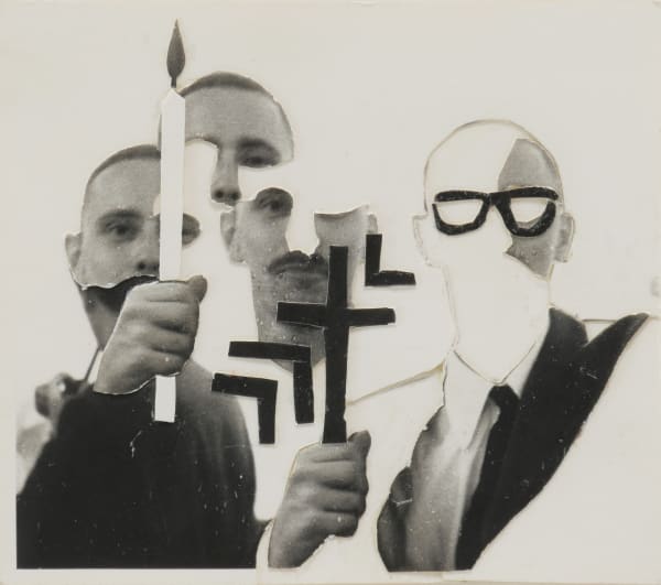 Paper collage of cut out photographs create side by side depictions of her husband Bruce Conner The depiction on the left is holding a white candle while the one center holds a black cross Parts of Bruce’s face and body are missing