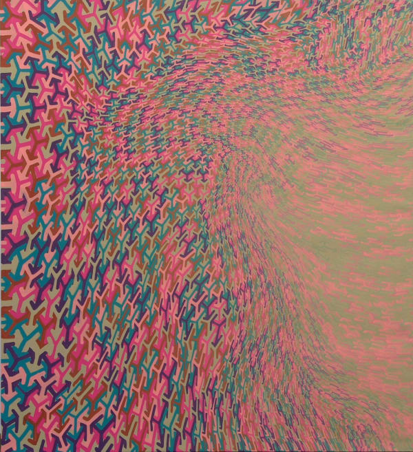 Bright painting with red pink green and blue asterisk shaped forms morphing and moving in waves against each other which seem to fade as they approach the right side of the piece