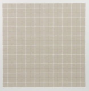 Black and white horizontal and vertical lines create grid against tan square-shaped color field.