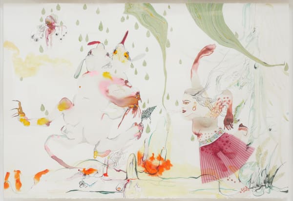 Rina Banerjee In transplant of people battle of all things grew funny and fickle until new things could be gotten and old things forgotten, 2013 ink and acrylic and collage on paper 30 x 44 inches/76.2 x 111.8 cm