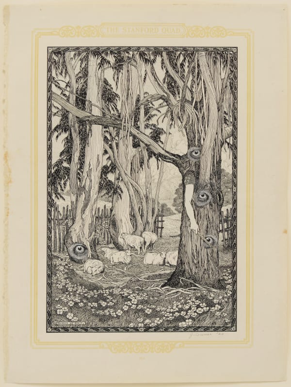 Black and white paper collage of antique engravings create a surreal landscape of several sheep in a eucalyptus grove whose trees have several eyes and a human arm