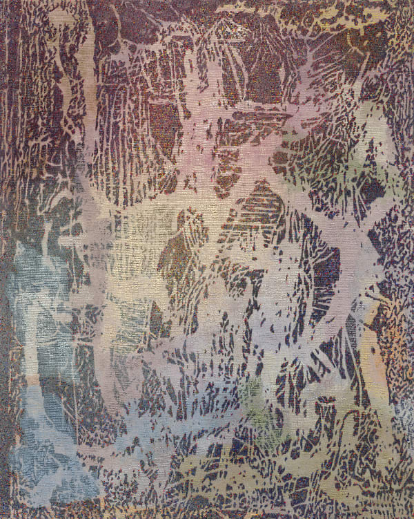 Negative space of exposed burlap canvas peaks through multicolored dots creating chaotic shapes and lines throughout canvas.