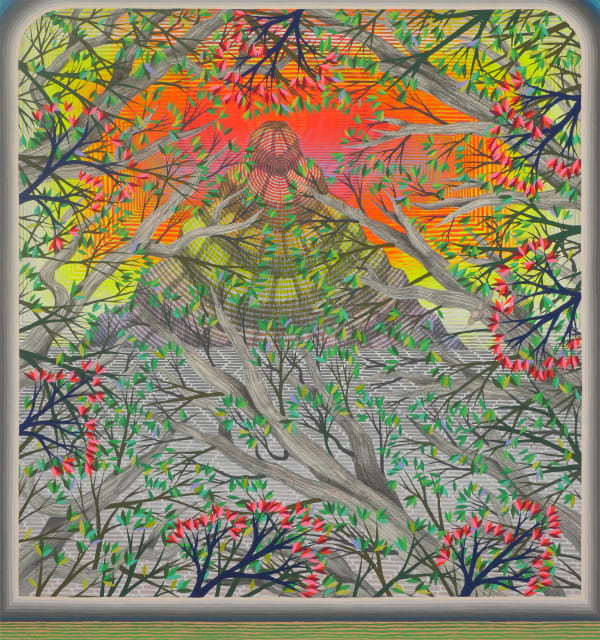 Grey tree branches criss-cross in the foreground, sprouting bright pink and green leaves. Through a central break in the branches a mountain is visible, covered in a hypnotic, multicolored, radiating circular pattern. Behind the mountain, a radiating pattern of neon pink, yellow, orange, and red rectangles creates a sunset. The foreground and mountain are separated by a grey, brick-like pattern. Set in an illusory, painted grey, green, and yellow striped frame.
