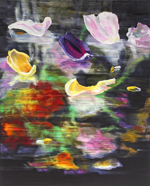 Yellow, purple and light pink flower petals floating against blurry floral abstract pattern in the background.